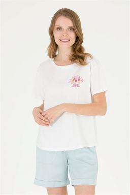 Женская футболка цвета экрю с круглым вырезом Неожиданная скидка в корзине