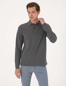 Antrasit Melanj Slim Fit K_vr_lmaz Polo Yaka Basic Pike Sweatshirt