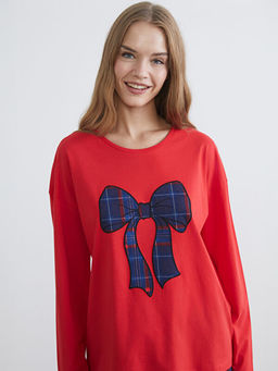 Bisiklet Yaka Fiyonk Bask?l? Kad?n Pijama Tak?m?