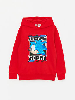 Sonic Bask?l? ?ift Y?nl? Payetli Erkek ?ocuk Hoodie
