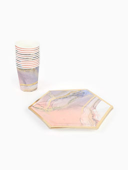 Посуда одноразовая бумажная на 12 персон, 22 предмета, мрамор розовый