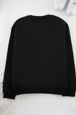 Siyah Oversize/Genis Kesim Pamuklu Basic Ici Polarl? Kal?n Sweatshirt TMNAW25SW00011