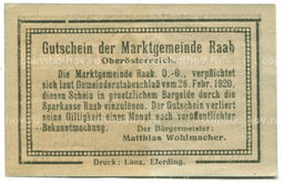 Банкнота 20 геллеров 1920 года Австрия  Рааб (нотгельд)