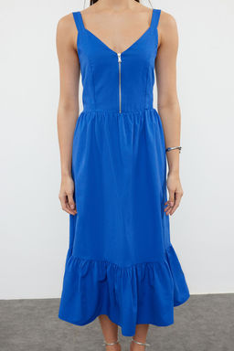 Koyu Mavi Belden Ac?lan Fermuar Detayl? Midi Astarl? Dokuma Elbise TWOSS20EL2208