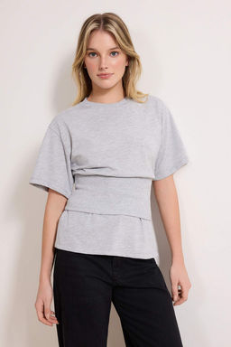 Gri Melanj Fitted/Vucuda Oturan Dusuk Kol K?sa Kollu Tok %100 Pamuk Orme T-Shirt TWOSS26TS00046 - Trendyolmilla фото 2