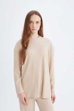 Мягкая меховая туника в рубчик с круглым вырезом и разрезом на бретельках с длинными рукавами Relax Fit