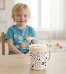 Цена за 2 шт. Кружка детская с крышкой, трубочкой и колпачком 300мл с декором "Зайка" (светло-бежевый)221502825/01