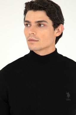 Erkek Slim Fit Yar_m Bo_azl_ Siyah Basic Kazak