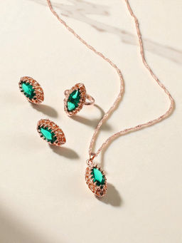 Гарнитур 3 предмета: серьги, кулон, кольцо безразмерное Эдель овал вытянутый, цвет зелёный в золоте, 45 см