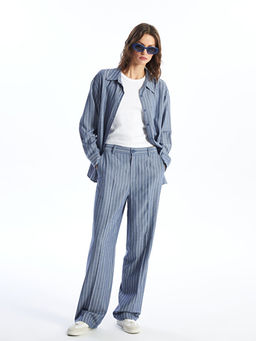 Standart Fit ?izgili Keten Kar???ml? Kad?n Pantolon