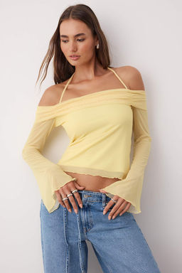 Ac?k Sar? Flare Kollu Baglama Detayl? Orme Madonna Yaka Bluz TWOSS24BZ00046