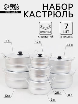 Набор кастрюль Матрёшка, 7 предметов: 1.7 л, 2.5 л, 3 л, 4.5 л, 6 л, 8 л, 10 л, металлические ручки и крышки, листовой алюминий 1.5-1.75 мм, серебристая