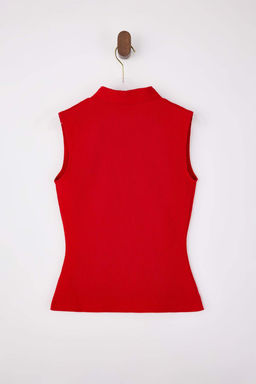 K?rm?z? Fitted/Vucuda Oturan V Yaka Kolsuz Fitilli Esnek Orme Bluz TWOSS26BZ00237