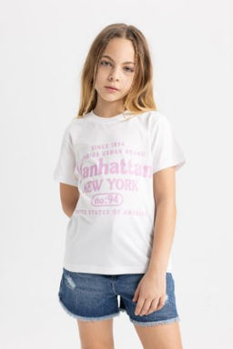 K?z Cocuk Bisiklet Yaka Bask?l? K?sa Kollu Tisort