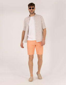 Turuncu Slim Fit Keten Kar___ml_ Beli Lastikli Bermuda _ort