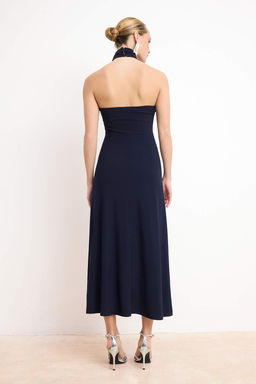 Lacivert Orme Asimetrik Yaka Midi Astarl? Elbise TPRSS26EL00063