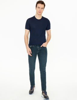 Темно-синяя приталенная трикотажная футболка с круглым вырезом - Cacharel фото 5