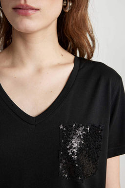 Футболка стандартного кроя с V-образным вырезом и короткими рукавами - Defacto фото 5