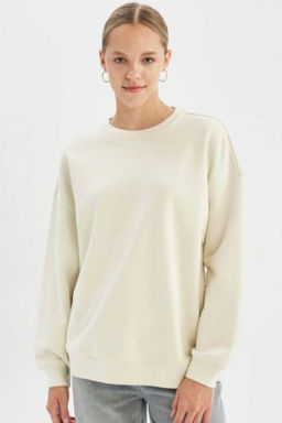 Oversize Genis Kal?p Bisiklet Yaka Kal?n Basic Duz Sweatshirt
