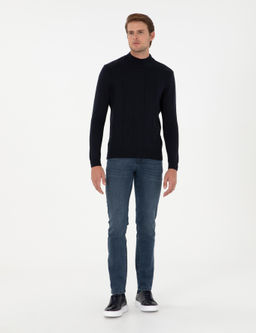 Lacivert Slim Fit Yar_m Bal_k__ Yaka Triko Kazak