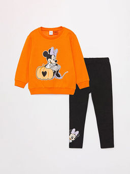 Bisiklet Yaka Minnie Mouse Bask?l? K?z Bebek Sweatshirt ve Tayt 2li