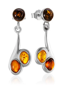 Стильные серьги-гвоздики Мимоза с янтарём разных оттенков