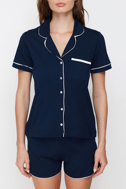 Trendyolmilla Lacivert %100 Pamuklu Biye Detayl? Sortlu Orme Pijama Tak?m? THMSS20PT0406  фото 13