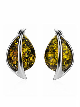 Стильные серьги с натуральным янтарём зелёного цвета Голконда