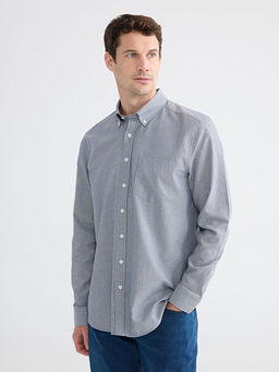 Regular Fit ?izgili Keten G?r?n?ml? Erkek G?mlek