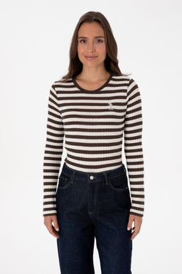 Kad_n Kahverengi _izgili Bisiklet Yaka Sweatshirt