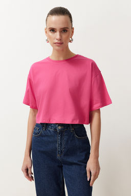 Lacivert-Fusya 2li Paket %100 Pamuk Relax/Rahat Kesim Crop Orme T-Shirt TWOSS24TS00224