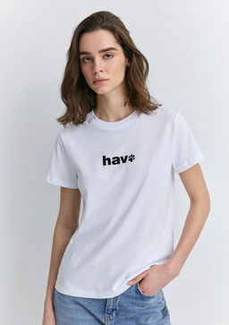 Hav Bask?l? Beyaz Tisort