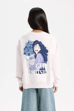 Мягкий пушистый свитшот оверсайз для девочек с широким вырезом и круглым вырезом сзади с принтом - Defacto фото 6