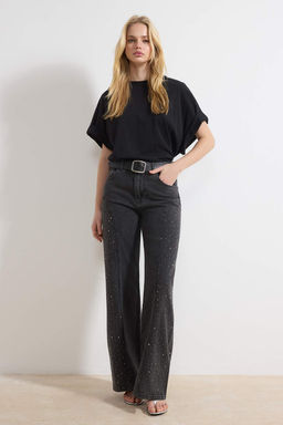 Siyah DOKUMLU Tasl? Dikis Detayl? Yuksek Bel %100 Pamuk Wide Leg Jeans TWOSS26JE00079