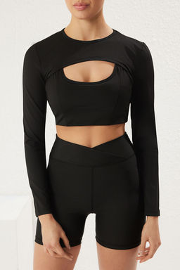 Trendyolmilla Siyah Dalg?c/Scuba Kumas Reflektor Bask?l? Super Crop Orme Spor Ust/Bluz THMSS25BZ00007