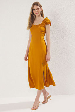 Kiremit A Kesim Yakas? Lastik Detayl? Midi Dokuma Elbise TWOSS25EL00632 - Trendyolmilla фото 3