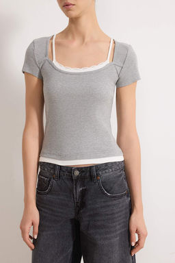 Gri Melanj Renk Bloklu Fitted/Vucuda Oturan Garni Detayl? Fitilli Esnek Orme Bluz TWOSS26BZ00103 - Trendyolmilla фото 3