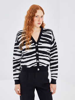 V Yaka Zebra Desenli Kad?n Triko H?rka