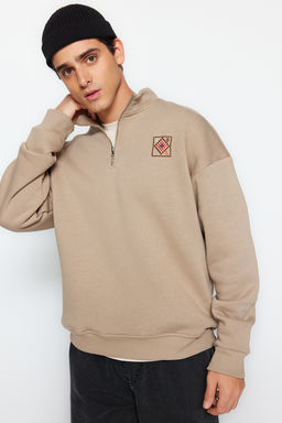 TRENDYOL MAN Vizon Oversize/Genis Kesim Fermuarl? Nak?s Detayl? Ici Polar/S?cak Tutan Sweatshirt TMNAW24SW00132