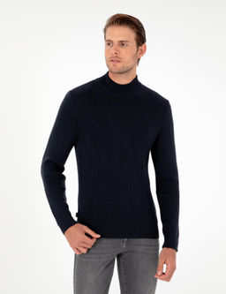 Lacivert Slim Fit Yar_m Bal_k__ Yaka Y_n Kar___ml_ Triko Kazak