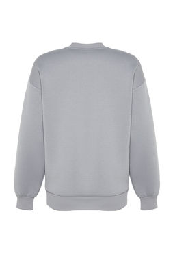 Gri Kal?n Ici Polarl? Regular/Normal Kal?p Bisiklet Yaka Basic Orme Sweatshirt TWOAW24SW00101