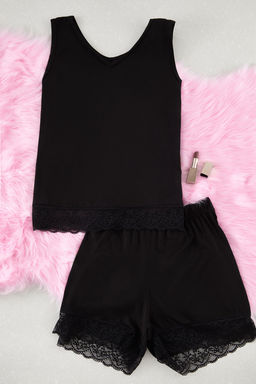 Trendyolmilla Siyah Dantelli Viskon Sortlu Orme Pijama Tak?m? THMSS25PT00042  фото 6