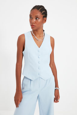 Ac?k Mavi Fitted Dugmeli Crop Dokuma Yelek TWOSS21YE0009
