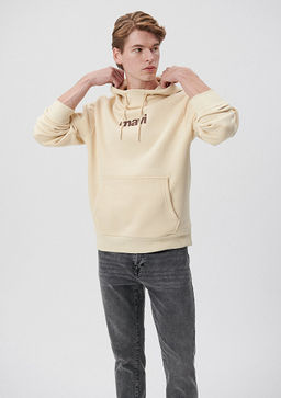 Mavi Logo Bask?l? Kapusonlu Bej Sweatshirt