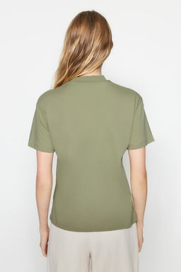 Yag Yesili-Gri 2li Paket %100 Pamuk Basic Dik Yaka Orme T-Shirt TWOSS20TS1500