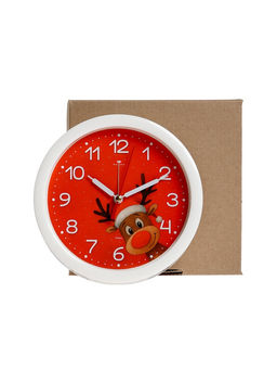 Будильник «Новогодний олень», плавный ход, d=15 см, красный, корпус белый