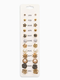 Серьги пусеты 12 пар One year, романтика, бело-серые в золоте