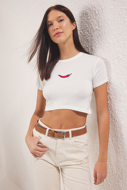 Premium Ekru Biber Nak?sl? Viskoz/Yumusak Kumas Crop Bisiklet Yaka Esnek Orme Bluz TWOSS23BZ00198