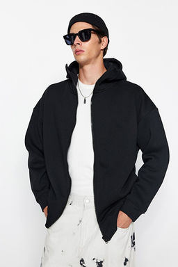 Siyah Oversize/Geni_ Kesim Fermuarl_ __i Polar Kap__onlu Sweatshirt-H_rka TMNAW24SW00049