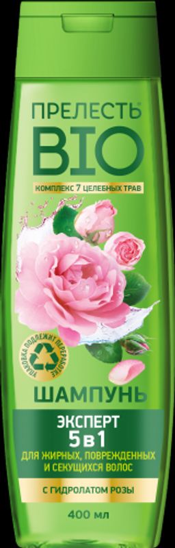ПРЕЛЕСТЬ БИО шампунь 400мл с гидролатом Розы 5в1 д/поврежденных и секущихся волос